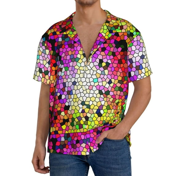 Uemuo Colorful Tie Dye Stained Glass 3 Pattern Cotton Linen Short Sleeve Shirts,Casual Lightweight Button Down Shirts,Vacation Beach Summer Tops-X-Large