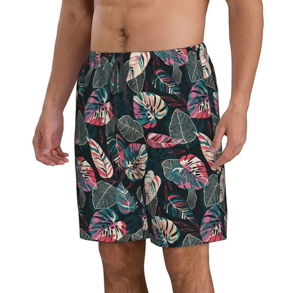 Uemuo Colorful Tropical Leaves Pattern Men's Swim Trunks Hawaiian Beach Bathing Suit Swimsuits Beach Quick-Dry Shorts with Pockets-Small