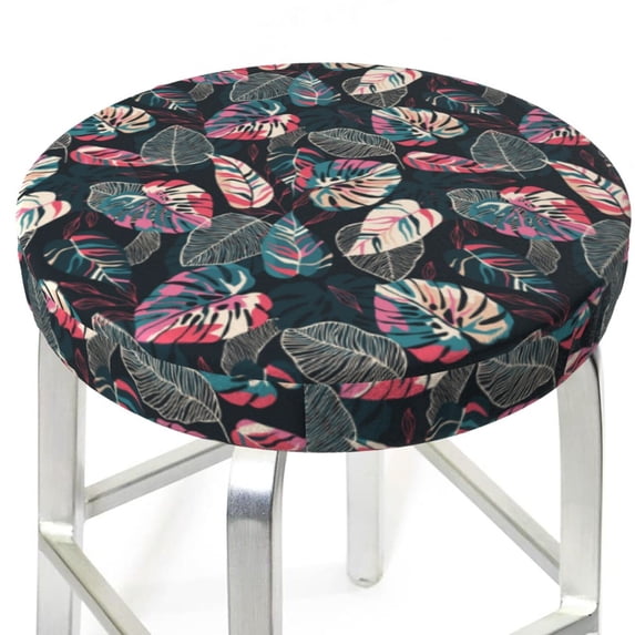 Uemuo Colorful Tropical Leaves Pattern Round Bar Stool Seat Covers Washable Stool Cushion Slipcover Elastic Bar Chair Covers-
