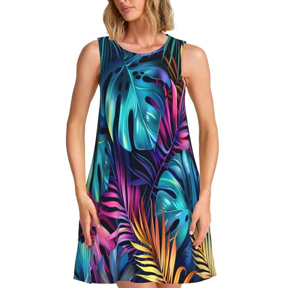Uemuo Colorful Tropical Leaves Pattern Women’s Sleeveless Dress – Casual Summer A-Line Dress, Stylish and Comfortable Sundress for Hot Weather