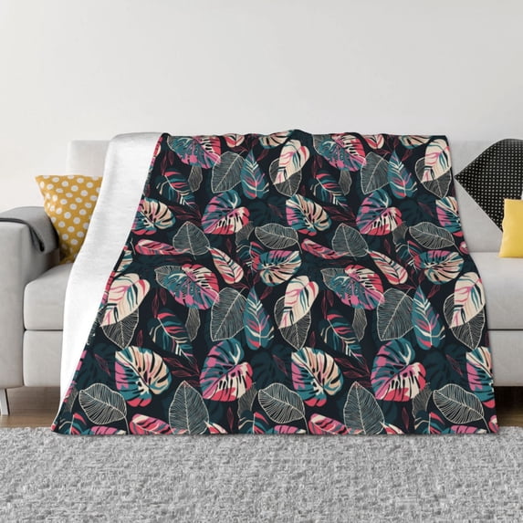 Uemuo Colorful Tropical Leaves Printed Throw Blanket for Couch, Fluffy Fuzzy Blankets for Bed, Sofa, Cozy Flannel Faux Fur Blanket-50"x40"