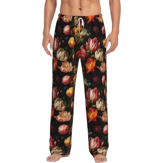 Uemuo Colorful Tulips Pattern Men's Wide Leg Palazzo Lounge Pants with Pockets Light Weight Loose Comfy Casual Pajama Pants-XX-Large