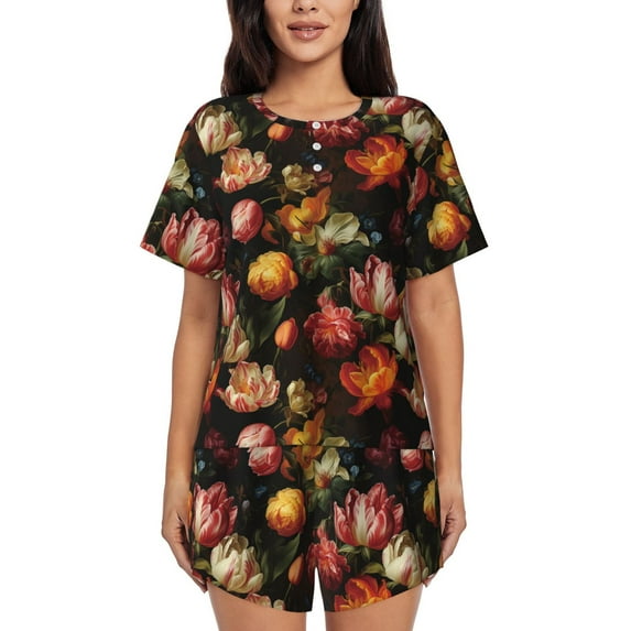 Uemuo Colorful Tulips Pattern Women's Short-Sleeved Pajama, Button-Front Loungewear, 2-Piece Summer Sleepwear, Elastic Drawstring Shorts-4X-Large
