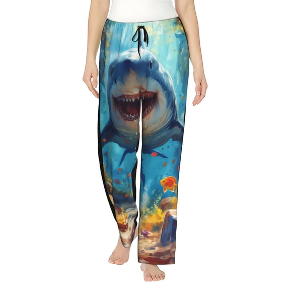 Uemuo Colorful Underwater Shark Pattern Women's Wide Leg Palazzo Lounge Pants with Pockets Light Weight Loose Comfy Casual Pajama Pants-XX-Large