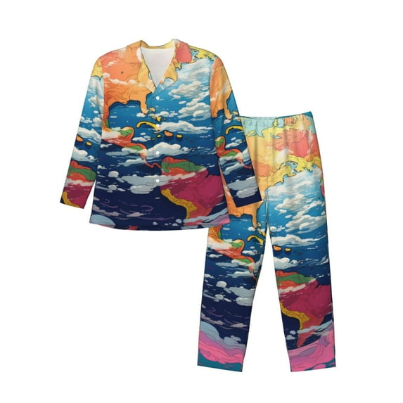 Uemuo Colorful Whimsical Earth Pattern 2-Piece Loungewear Set - Men’s Soft Sleepwear, Cozy Winter PJs, Comfy Sleep Set-X-Large
