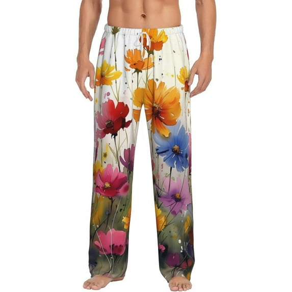 Uemuo Colorful Wildflower Meadow Pattern Men's Wide Leg Palazzo Lounge Pants with Pockets Light Weight Loose Comfy Casual Pajama Pants-Large