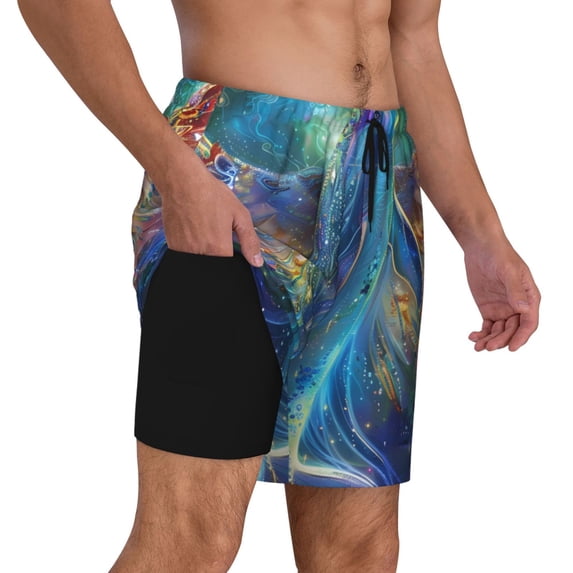 Uemuo Colorful Winged Dolphin Pattern Mens Swim Trunks Quick Dry Board Shorts with Mesh Lining, Stretch Beach Shorts Quick Dry No-Chafing Board Shorts-Medium