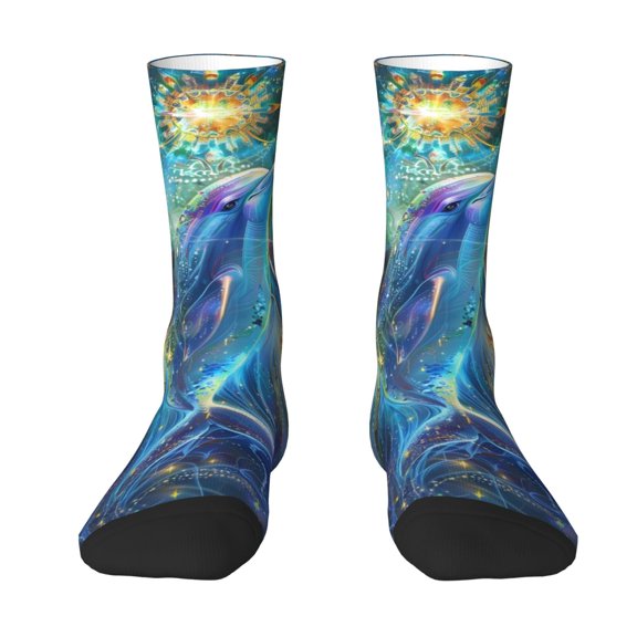 Uemuo Colorful Winged Dolphin Pattern Women's Crew Socks, Soft Durable Breathable Moisture-Wicking with Odor Control Cotton socks