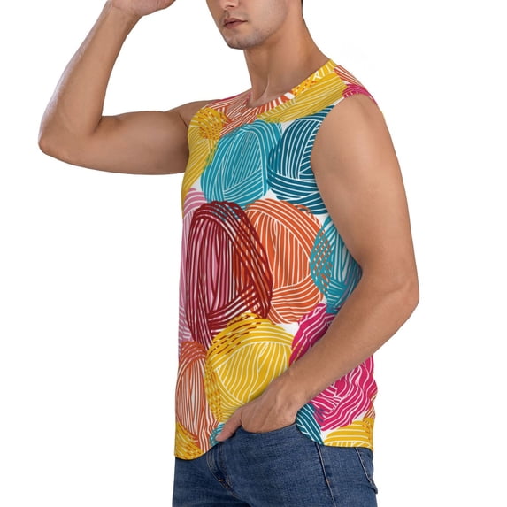 Uemuo Colorful Wool Balls Pattern Men's Sleeveless T-Shirt,Muscle Athletic Tank Top, Moisture-wicking Quick-dry Breathable Classic Tee Top for Gym Run Outdoor Sports-Large