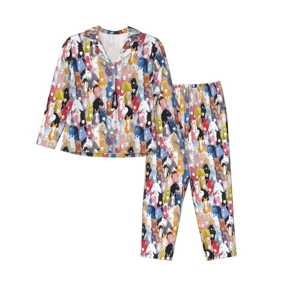 Uemuo Colourful Horses Pattern Womens Pajama Sets,PJ Set for Women,Pajamas for Women Logo,Long Sleeve Pajama Set for Women,Soft Long Sleeve Top With Pants-Medium