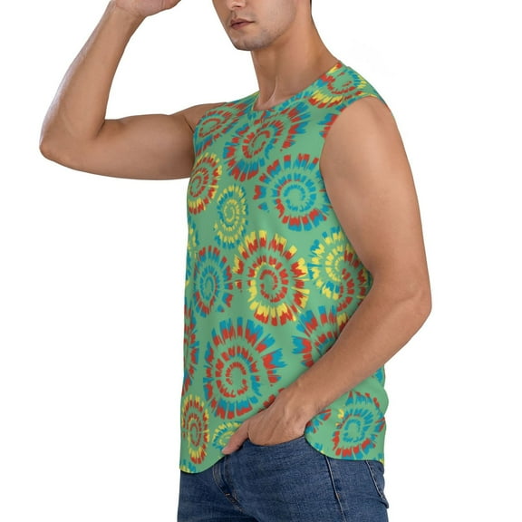 Uemuo Colourful Tie Dye Pattern Men's Sleeveless T-Shirt,Muscle Athletic Tank Top, Moisture-wicking Quick-dry Breathable Classic Tee Top for Gym Run Outdoor Sports-Large