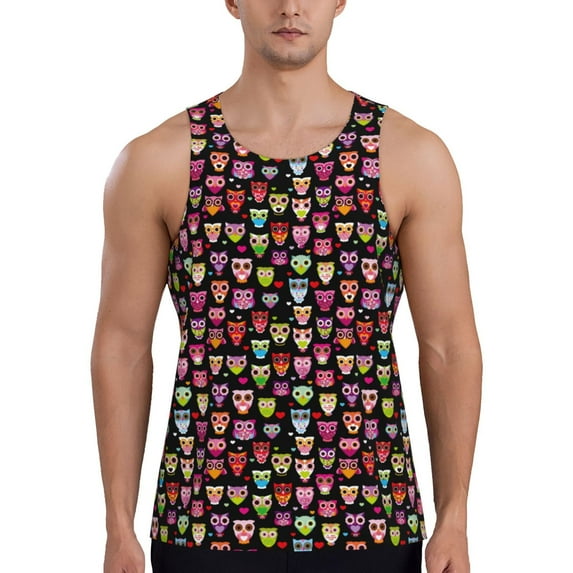 Uemuo Colourfull Owl Pattern Men's Muscle Shirts Sleeveless Dry Fit Gym Workout Tank Top Lightweight Sports Tank Top Beach Tank Top, Loose-fit Sleeveless Shirt-XX-Large