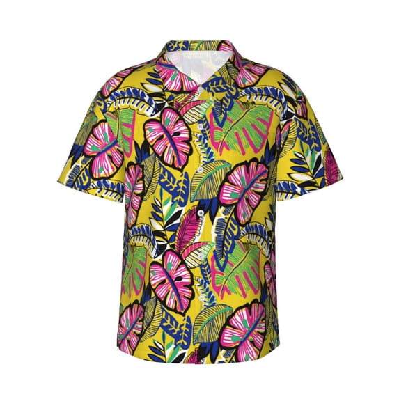 Uemuo Colrful Tropical Leaves Printed Regular Fit Short Sleeve Casual Hawaiian Shirt for Men,Aloha shirt,Tropical shirt,Floral print shirt,Vacation Beach shirt-3X-Large