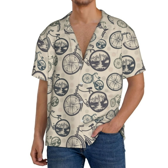 Uemuo Compass And Mountains In Bicycle Wheels Pattern Cotton Linen Short Sleeve Shirts,Casual Lightweight Button Down Shirts,Vacation Beach Summer Tops-Small
