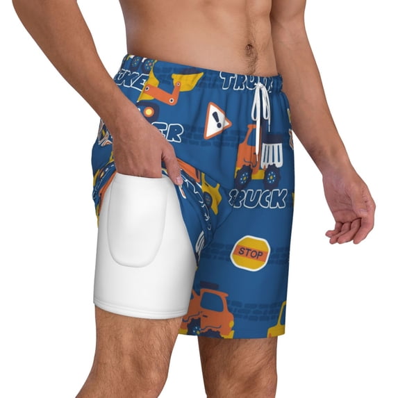 Uemuo Construction Vehicles Pattern Mens Swim Trunks Quick Dry Board Shorts with Mesh Lining, Stretch Beach Shorts Quick Dry No-Chafing Board Shorts-Small