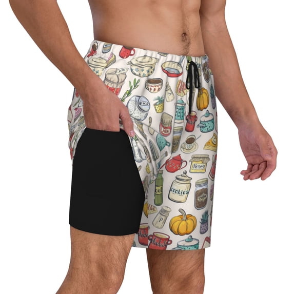 Uemuo Cooking Utensils Pattern Mens Swim Trunks Quick Dry Board Shorts with Mesh Lining, Stretch Beach Shorts Quick Dry No-Chafing Board Shorts-3X-Large