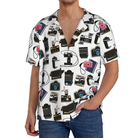 Uemuo Cool Camera Pattern Cotton Linen Short Sleeve Shirts,Casual Lightweight Button Down Shirts,Vacation Beach Summer Tops-4X-Large