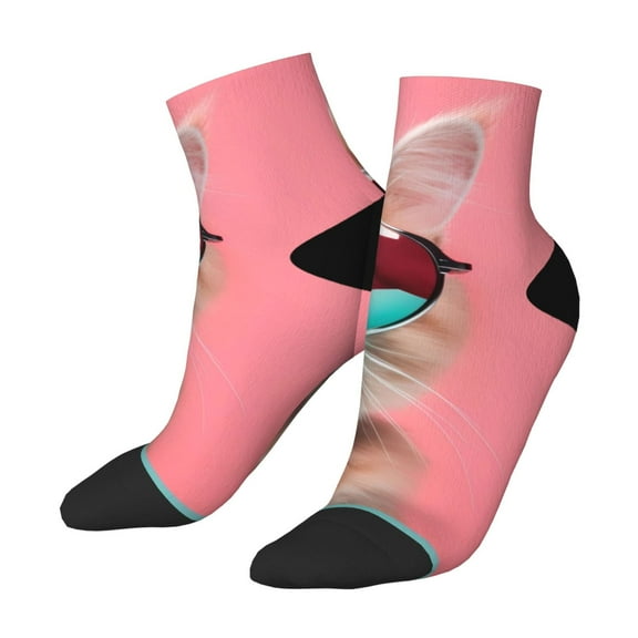 Uemuo Cool Cat Pink Sunglasses Printed Crew Socks, Moisture-Wicking Socks, Athletic Socks for Men Breathable Cushion Socks Casual Sport Socks for Running Traveling