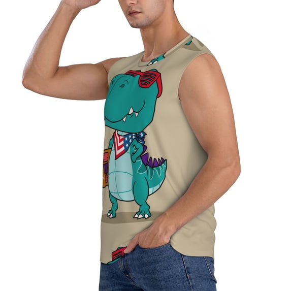 Uemuo Cool Dino Playing Skateboard Pattern Men's Sleeveless T-Shirt,Muscle Athletic Tank Top, Moisture-wicking Quick-dry Breathable Classic Tee Top for Gym Run Outdoor Sports-3X-Large