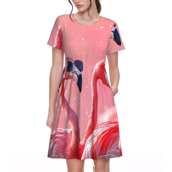 Uemuo Cool Flamingos Sunglasses Scene Print Womens Summer Dress Casual Swing Short Sleeve Sundresses Beach A-line Shift Dress