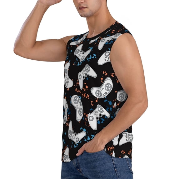 Uemuo Cool Gamepad Pattern Men's Sleeveless T-Shirt,Muscle Athletic Tank Top, Moisture-wicking Quick-dry Breathable Classic Tee Top for Gym Run Outdoor Sports-3X-Large
