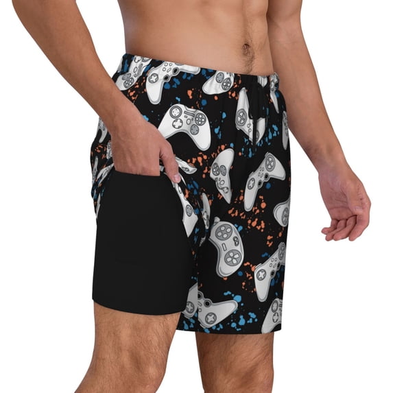 Uemuo Cool Gamepad Pattern Mens Swim Trunks Quick Dry Board Shorts with Mesh Lining, Stretch Beach Shorts Quick Dry No-Chafing Board Shorts-Small