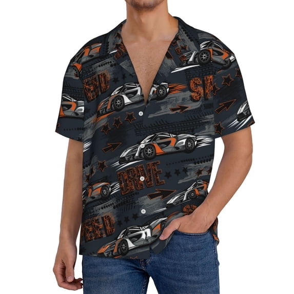 Uemuo Cool Sports Car Pattern Cotton Linen Short Sleeve Shirts,Casual Lightweight Button Down Shirts,Vacation Beach Summer Tops-Large