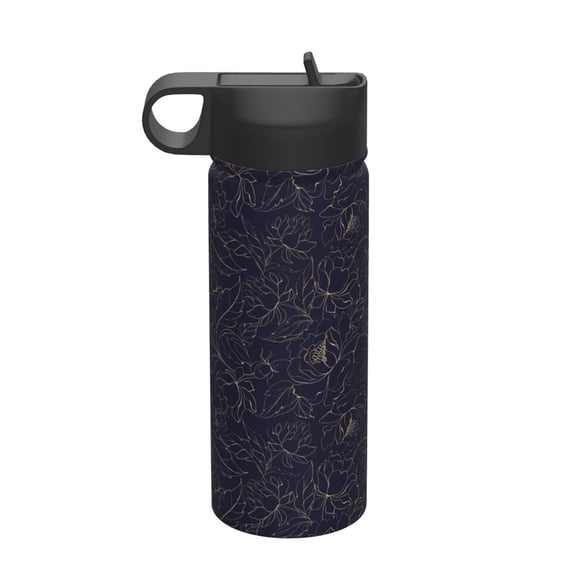 Uemuo Copper-Gold Gloss Outline Peony Print 18oz Sports Insulated Kettle, Water Bottle, Outdoor Sports Bottle, Insulated Hydration Bottle with Handle & Flip Straw