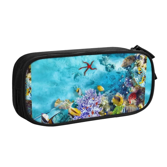 Uemuo Corals and Tropical Fish Printed Pencil Pen Case, Portable Pencil Pouch with Zipper, Compact Stationery Bag Makeup Bag, Pencil Bag for Home Office