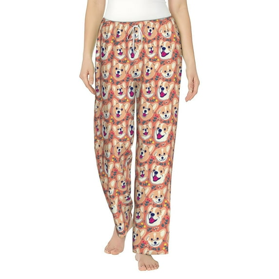 Uemuo Corgi Head with Floal Pattern Women's Wide Leg Palazzo Lounge Pants with Pockets Light Weight Loose Comfy Casual Pajama Pants-Medium