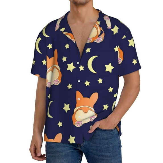 Uemuo Corgi Lying With Moons And Stars Pattern Cotton Linen Short Sleeve Shirts,Casual Lightweight Button Down Shirts,Vacation Beach Summer Tops-Large
