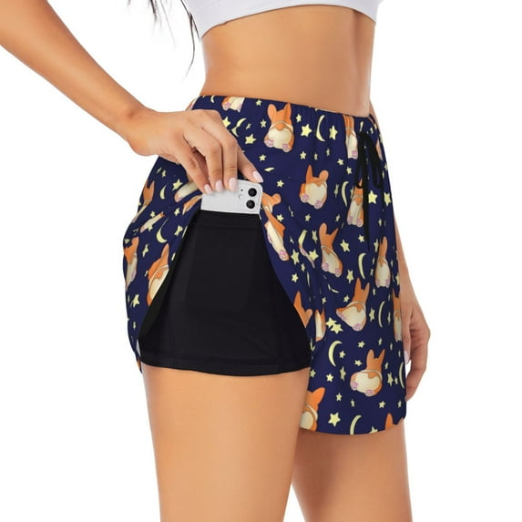 Uemuo Corgi Lying With Moons And Stars Pattern Women's Athletic Shorts High Waisted Running Shorts with Liner Pockets Gym Elastic Workout Shorts-Large