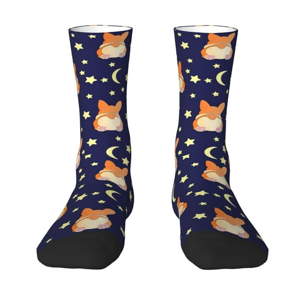 Uemuo Corgi Lying With Moons And Stars Pattern Women's Crew Socks, Soft Durable Breathable Moisture-Wicking with Odor Control Cotton socks
