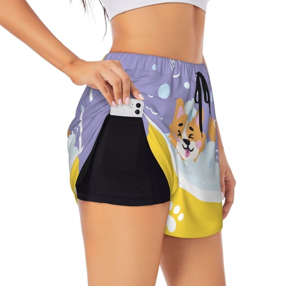 Uemuo Corgi Washing in Bathtub Pattern Women's Athletic Shorts High Waisted Running Shorts with Liner Pockets Gym Elastic Workout Shorts-Small
