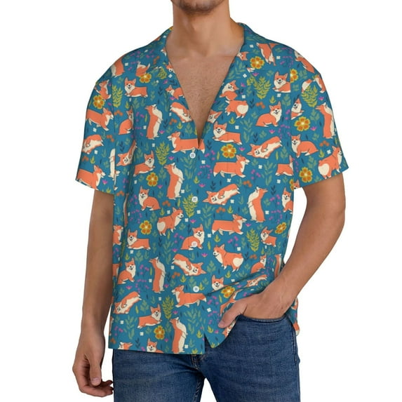Uemuo Corgi with Flowers Pattern Cotton Linen Short Sleeve Shirts,Casual Lightweight Button Down Shirts,Vacation Beach Summer Tops-3X-Large