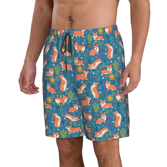 Uemuo Corgi with Flowers Pattern Men's Swim Trunks Hawaiian Beach Bathing Suit Swimsuits Beach Quick-Dry Shorts with Pockets-3X-Large
