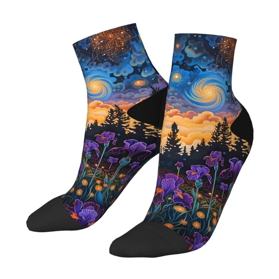 Uemuo Cosmic Irises At Twilight Printed Crew Socks, Moisture-Wicking Socks, Athletic Socks for Men Breathable Cushion Socks Casual Sport Socks for Running Traveling