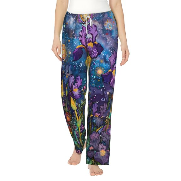 Uemuo Cosmic Purple Irises Pattern Women's Wide Leg Palazzo Lounge Pants with Pockets Light Weight Loose Comfy Casual Pajama Pants-Medium