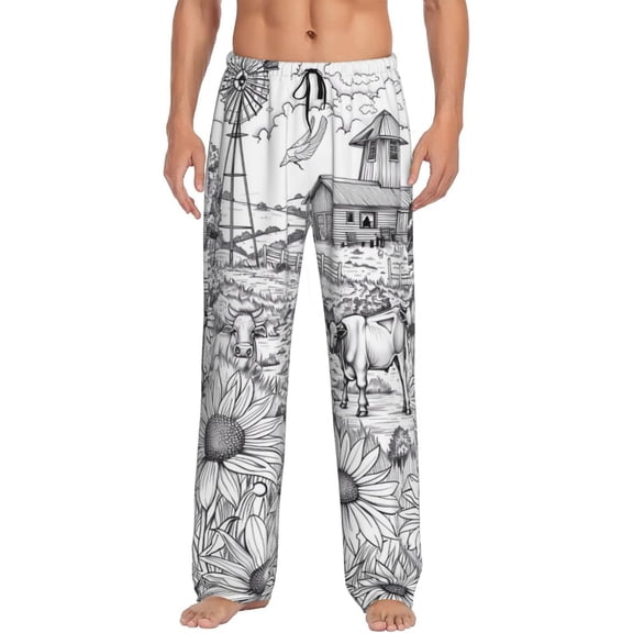 Uemuo Country Farm Scene Pattern Men's Wide Leg Palazzo Lounge Pants with Pockets Light Weight Loose Comfy Casual Pajama Pants-Small