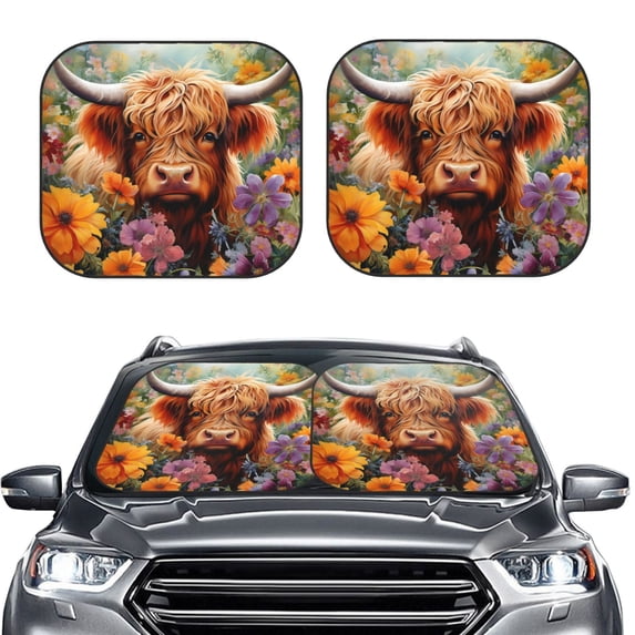 Uemuo Countryside Colorful Floral Cow Printed 2 PCS Car Windshield Sun Shade, Auto Sun Heat and UV Rays Blocker, Foldable Automotive Front Window Sunshade Protector