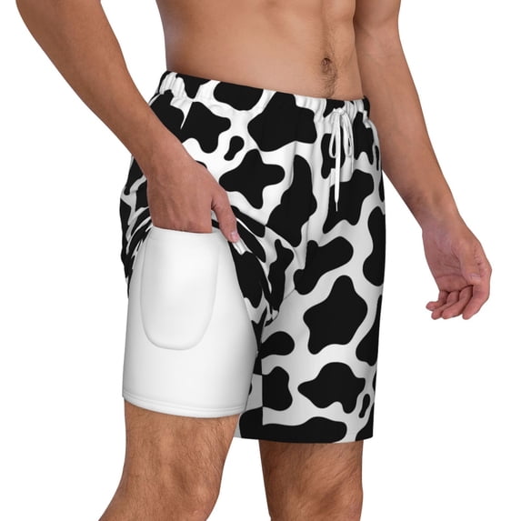Uemuo Cow Print Black White Pattern Mens Swim Trunks Quick Dry Board Shorts with Mesh Lining, Stretch Beach Shorts Quick Dry No-Chafing Board Shorts-Large