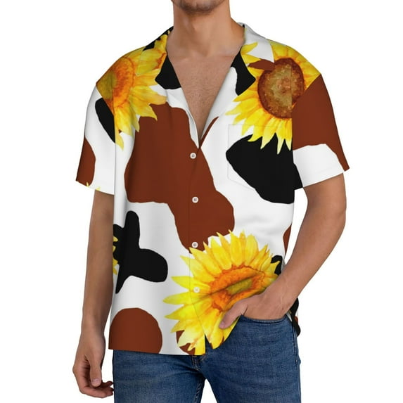 Uemuo Cow Print Sunflower Pattern Cotton Linen Short Sleeve Shirts,Casual Lightweight Button Down Shirts,Vacation Beach Summer Tops-Small
