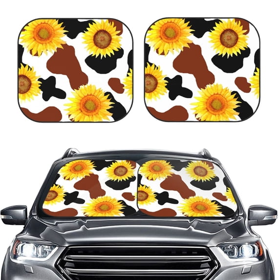 Uemuo Cow Print Sunflower Printed 2 PCS Car Windshield Sun Shade, Auto Sun Heat and UV Rays Blocker, Foldable Automotive Front Window Sunshade Protector