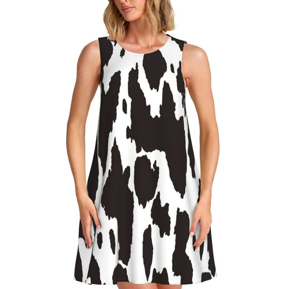 Uemuo Cow Skin 2 Pattern Women’s Sleeveless Dress – Casual Summer A-Line Dress, Stylish and Comfortable Sundress for Hot Weather