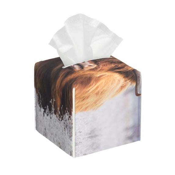 Uemuo Cow Tissue Box Cover Holder, Square with Bottom Belt - PVC Leather Decorative Organizer for Tabletop, Bathroom, Car, Office
