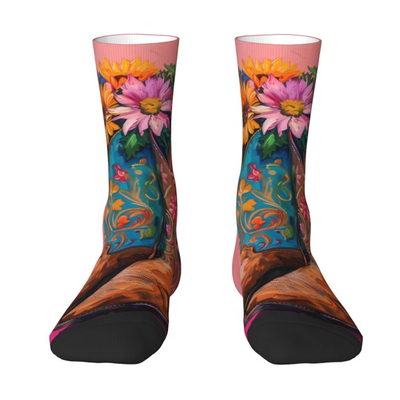 Uemuo Cowboy Boots With Flowers Pattern Women's Crew Socks, Soft Durable Breathable Moisture-Wicking with Odor Control Cotton socks