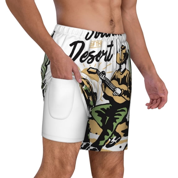 Uemuo Cowboy Playing Guitar Pattern Mens Swim Trunks Quick Dry Board Shorts with Mesh Lining, Stretch Beach Shorts Quick Dry No-Chafing Board Shorts-3X-Large