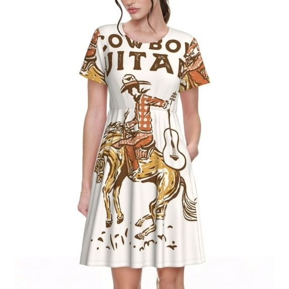 Uemuo Cowboy Rodeo Guitar Print Womens Summer Dress Casual Swing Short Sleeve Sundresses Beach A-line Shift Dress