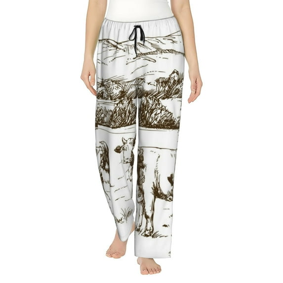 Uemuo Cows Grazing On The Meadow 2 Pattern Women's Wide Leg Palazzo Lounge Pants with Pockets Light Weight Loose Comfy Casual Pajama Pants-