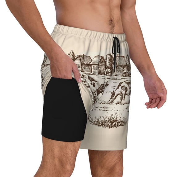 Uemuo Cows On The Farm Pattern Mens Swim Trunks Quick Dry Board Shorts with Mesh Lining, Stretch Beach Shorts Quick Dry No-Chafing Board Shorts-X-Large